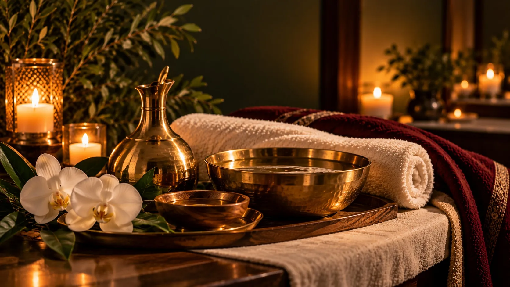 A brushed brass oil vessel and a bowl of warm water on dark wood, with white orchids and folded towels