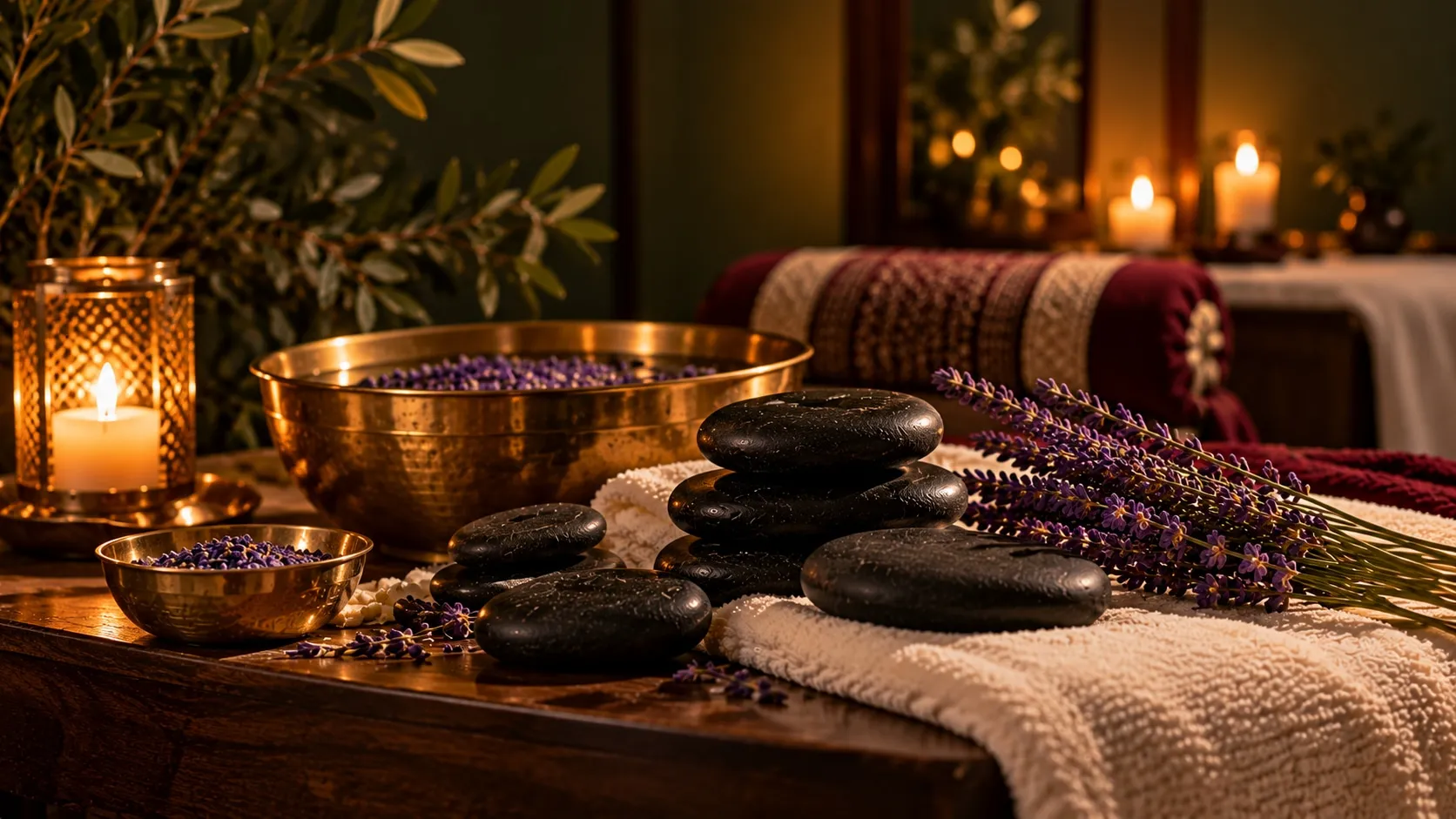 Smooth dark basalt stones stacked on folded ivory towels beside a brass bowl of lavender, in candlelight