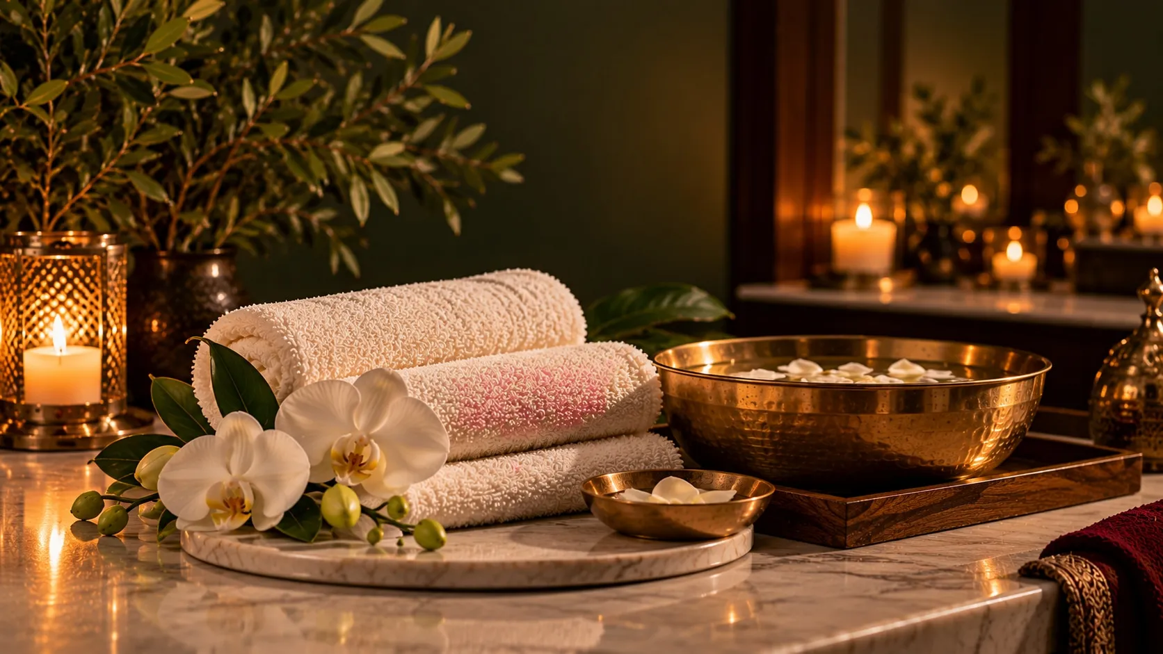 Rolled ivory towels and a white orchid on pale marble beside a brass bowl of water