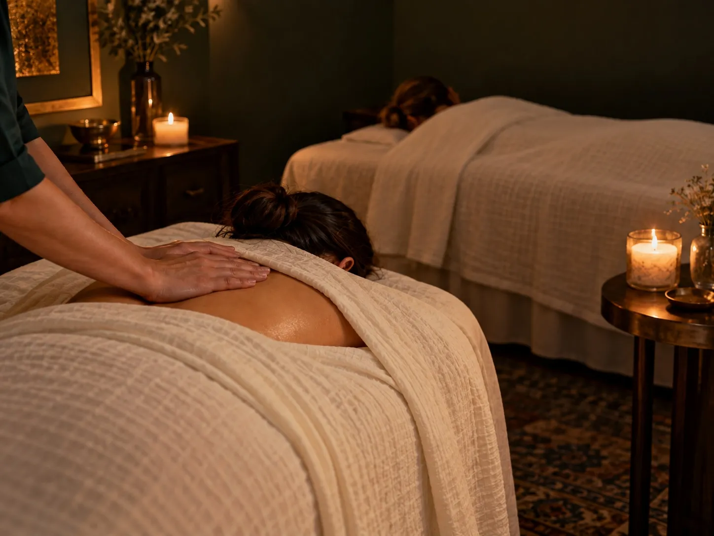 Two draped treatment beds in a candlelit room, a hand resting on the nearer back while the further bed recedes into shadow