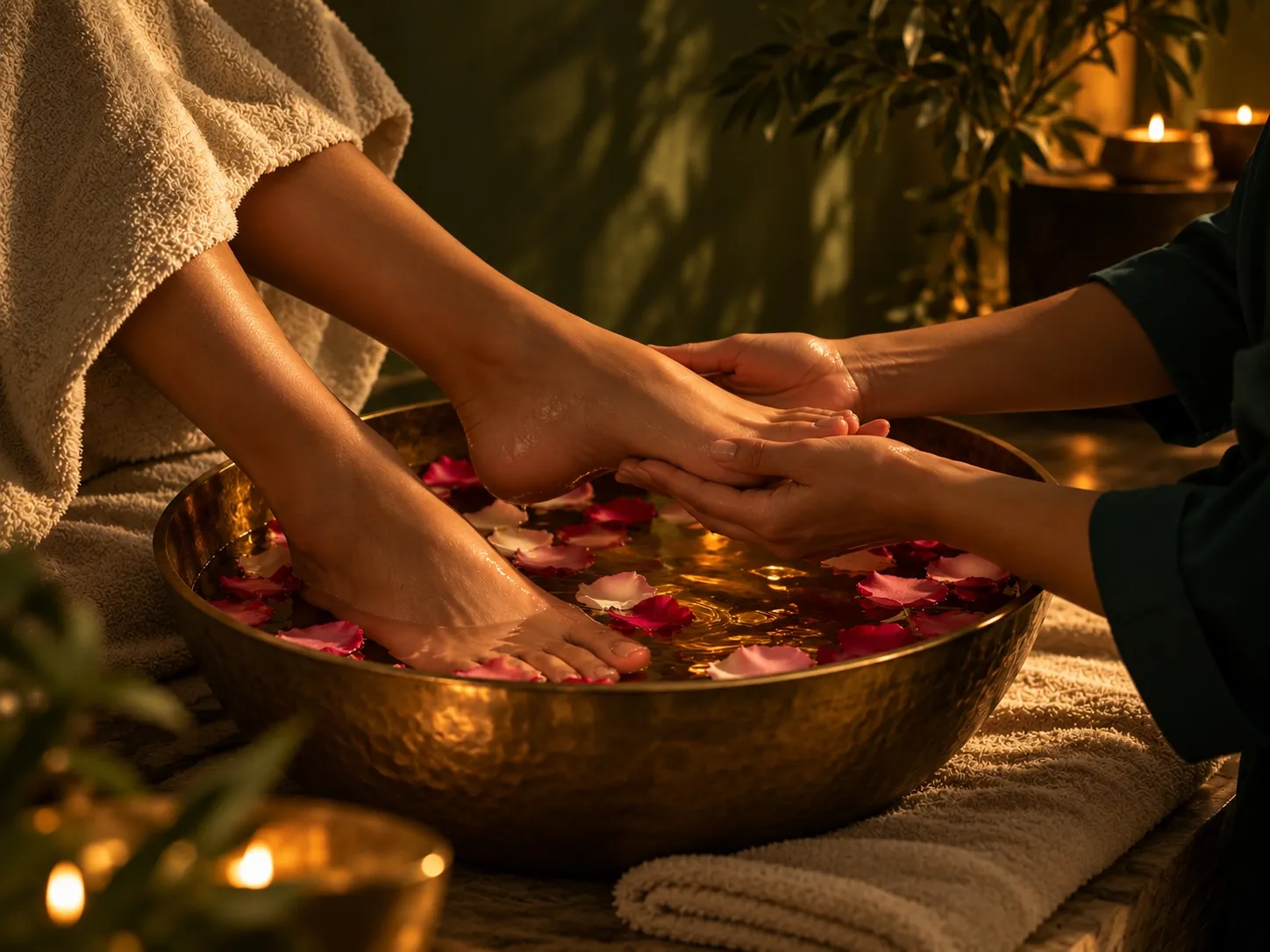 Feet resting in a brass bowl of warm water scattered with rose petals, supported by a therapist's hands
