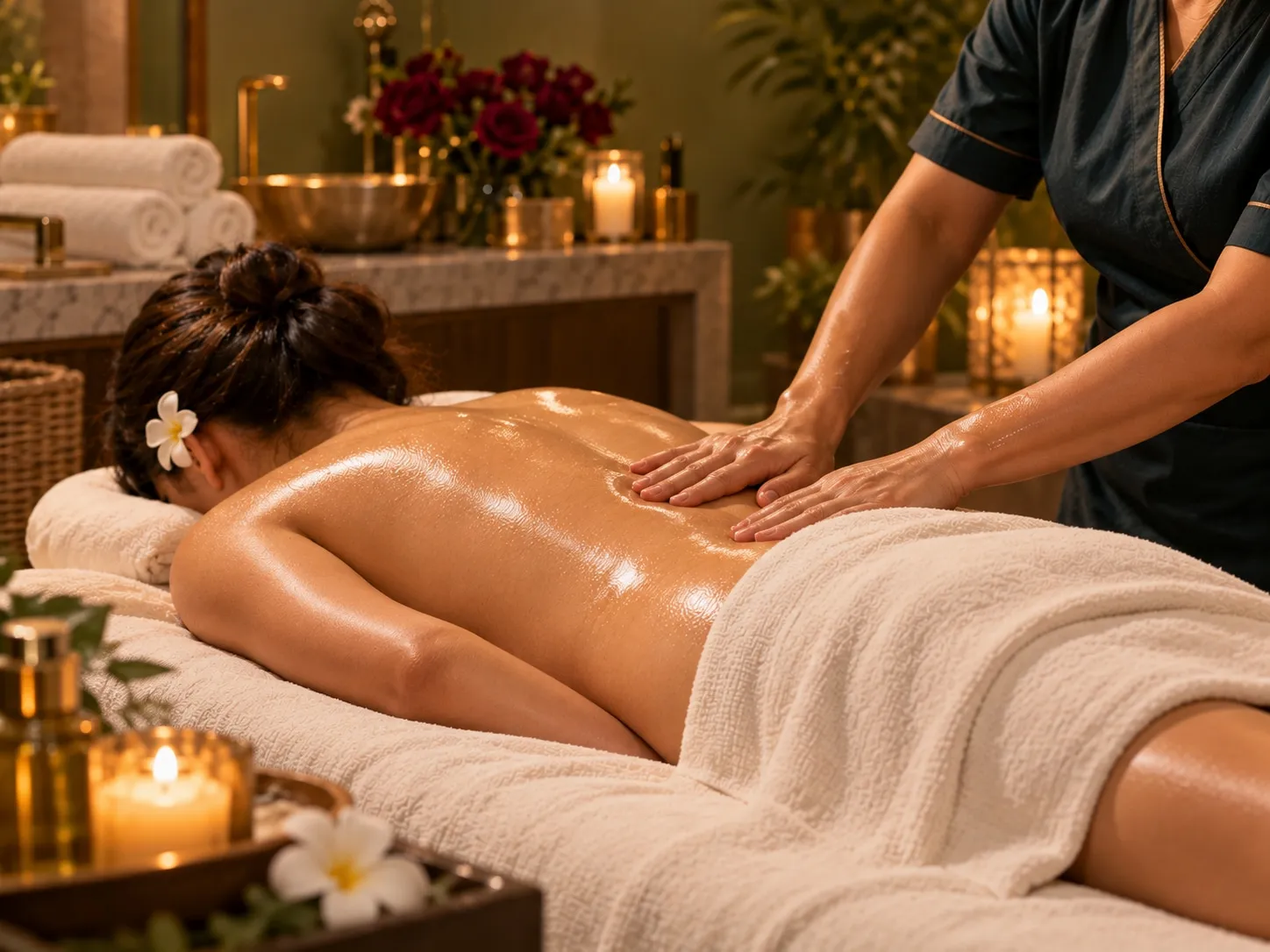 A long stroke down an oiled back on a draped treatment bed, seen from further back