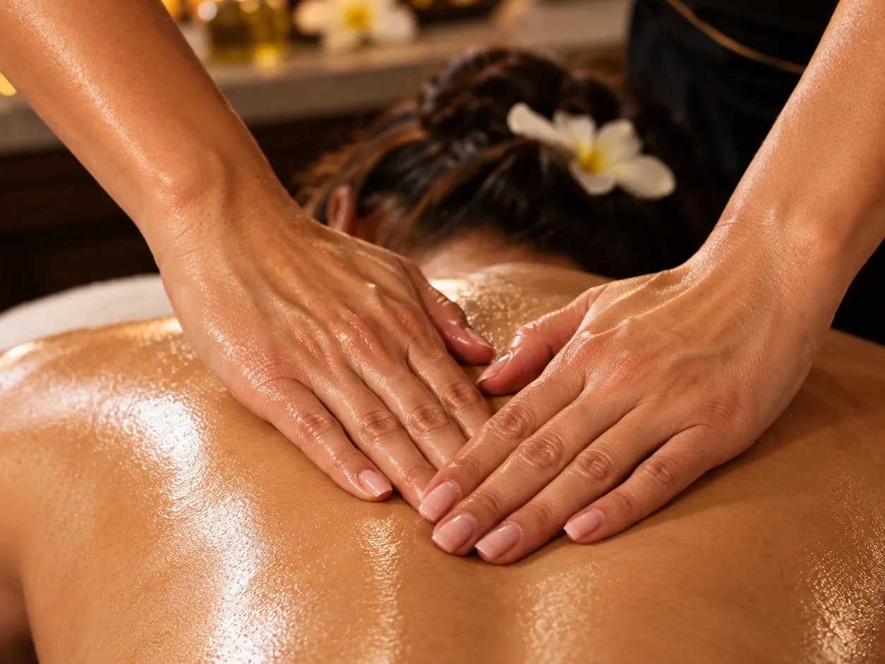 Two hands working side by side with flat palms across an oiled back during a Swedish massage
