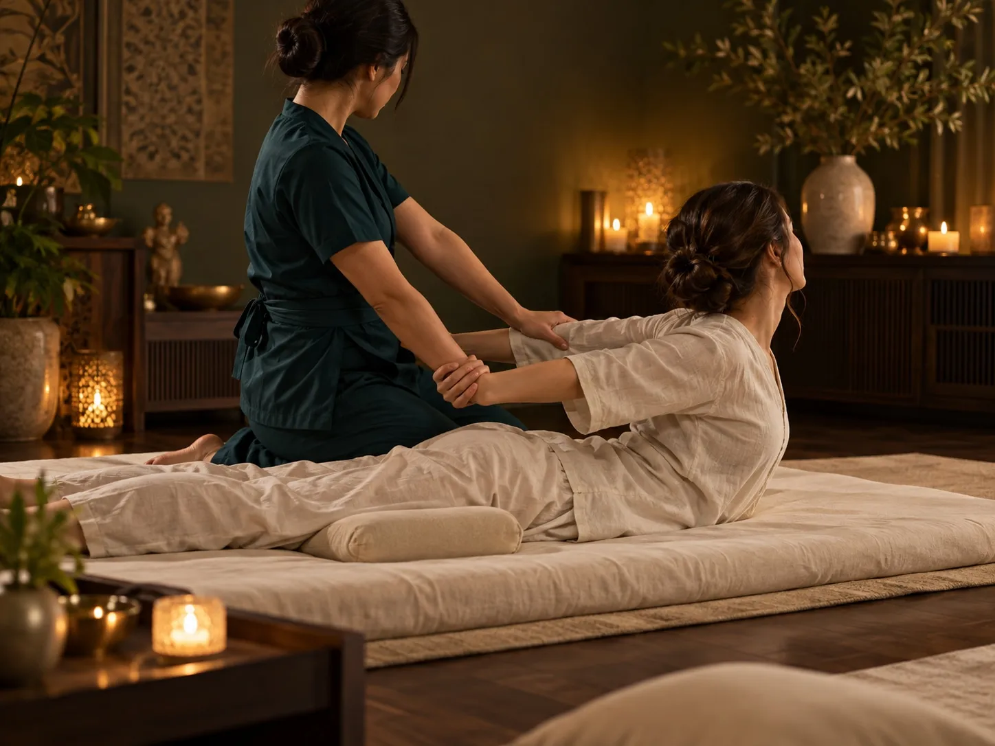 Arms drawn back in an assisted stretch during a Thai massage, on a floor mat in loose cotton clothing