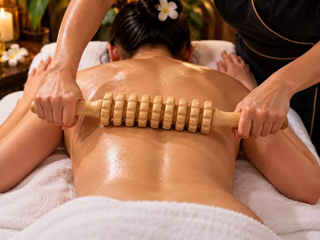 A ridged wooden roller drawn across an oiled back with both hands during a wood therapy massage