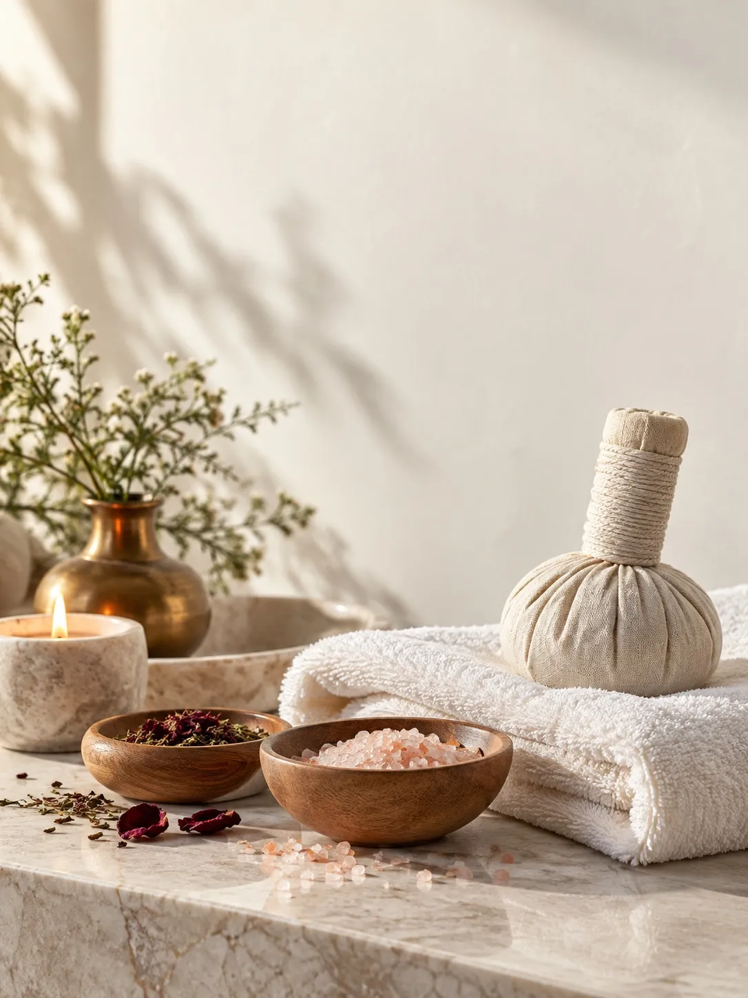 Folded white towels, an herbal compress, wooden bowls of salt and dried petals, and a candle on pale marble in daylight